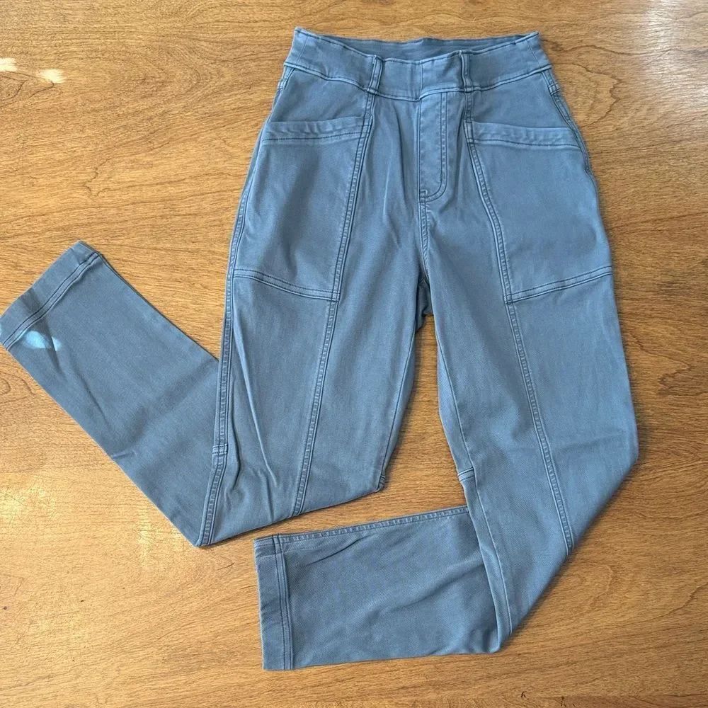Spanx Stretch Twill Straight Leg Jeans in Hazy Green Grey.